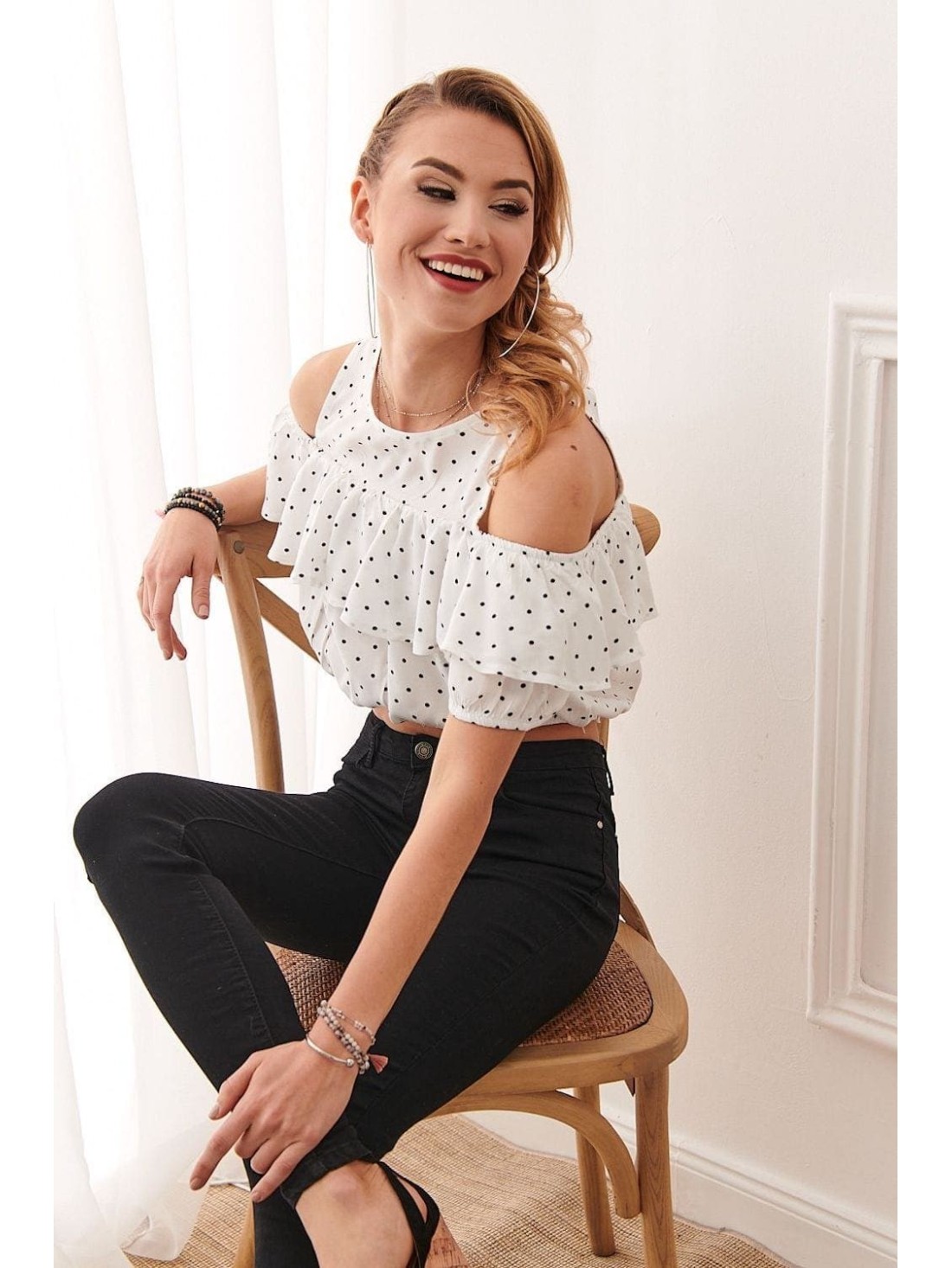 Cream short blouse with polka dots 21521 - Online store - Boutique